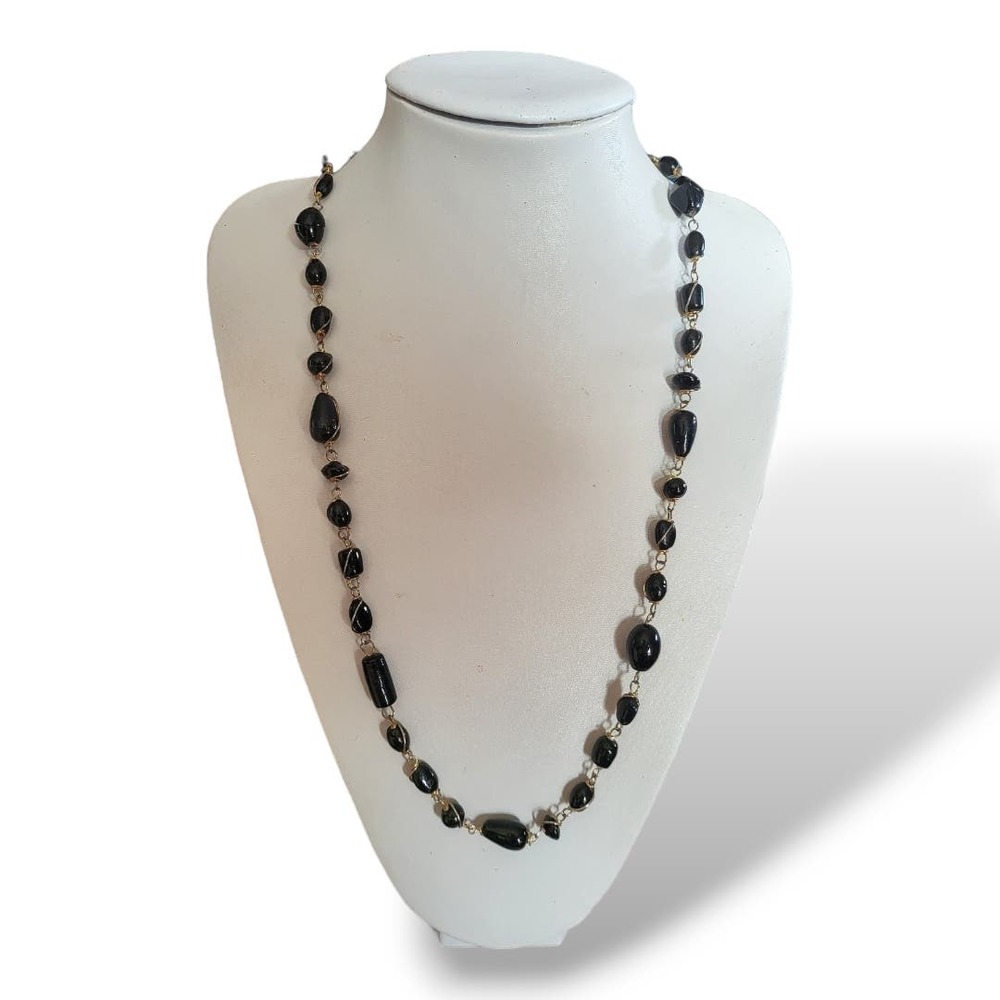 Vintage Black Enamel Painted Beads Twisted Gold Tone Wire Necklace 30"